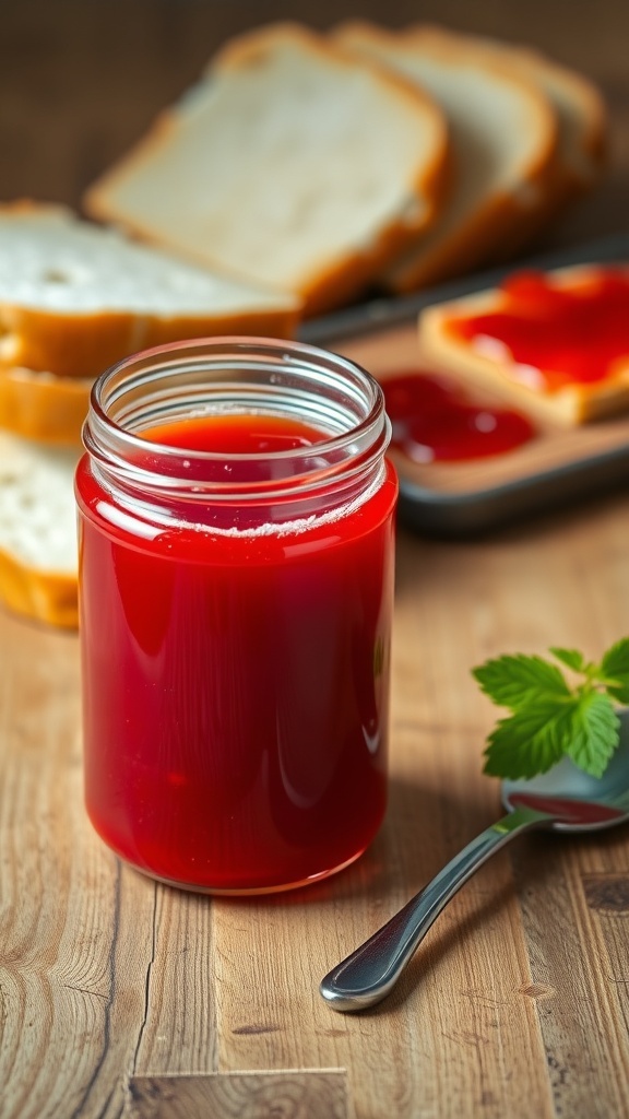Homemade Strawberry Jelly Recipe for Bread Machine A jar of strawberry jelly with a spoon, next to slices of fresh bread on a wooden table.